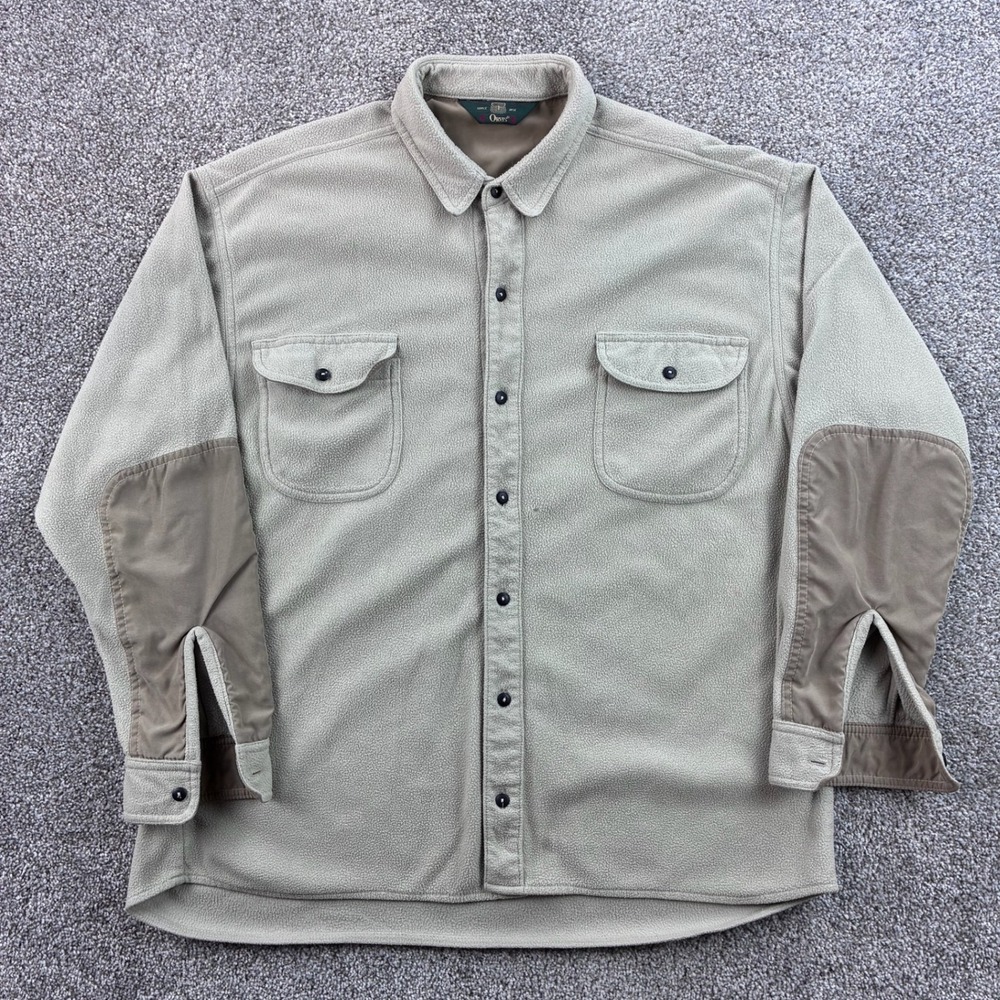 Vintage Orvis Fleece Shirt Jacket Mens L Tan Elbow Patches Outdoor Button Up